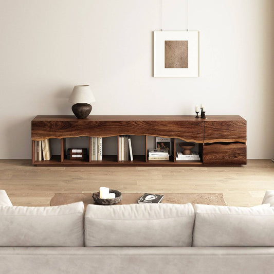 Wood TV Stand  with Open Shelves and Drawers