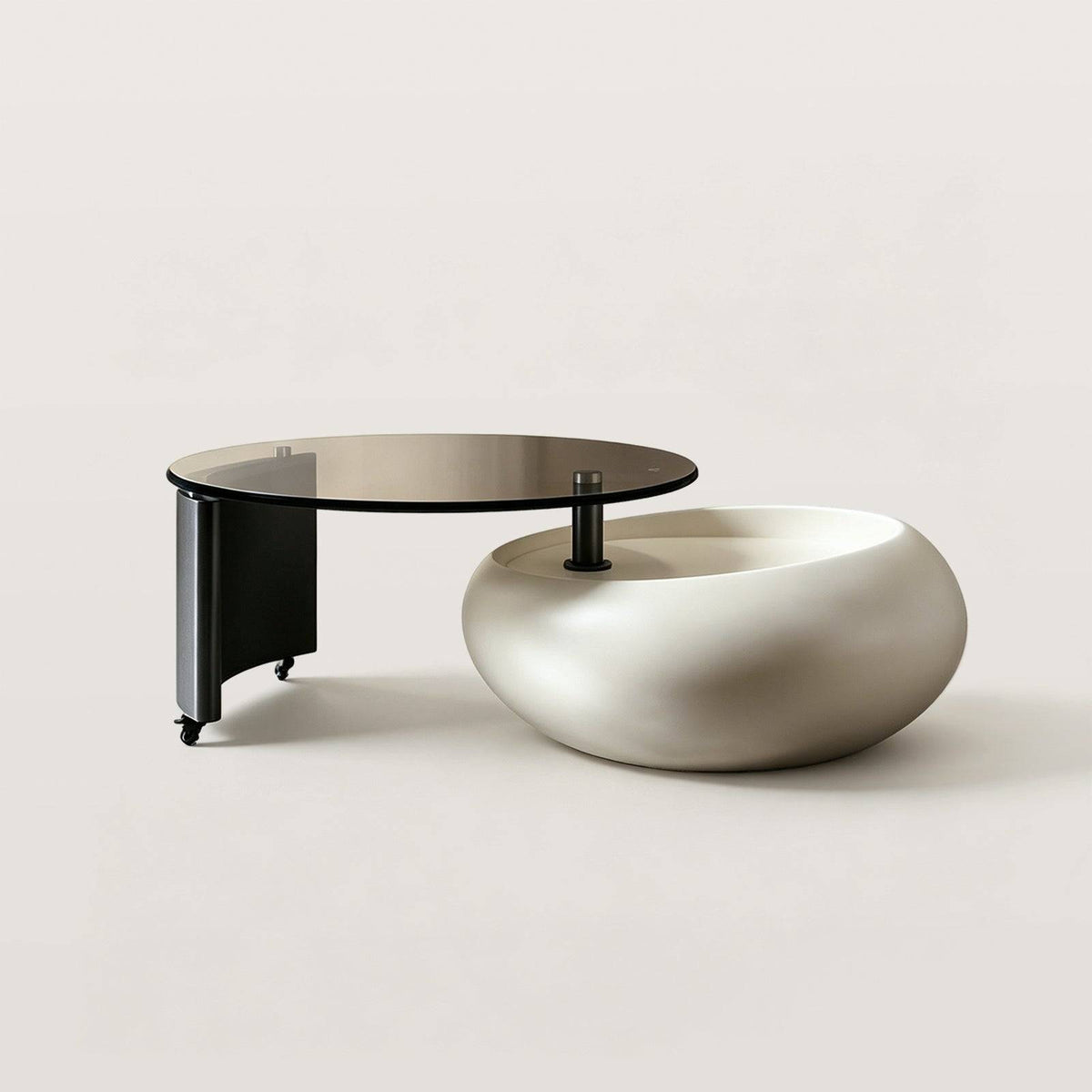 Rolling Round Coffee Table with Glass Top