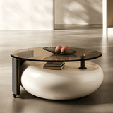 Rolling Round Coffee Table with Glass Top
