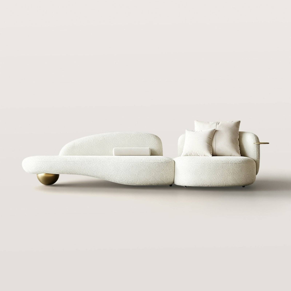 Curved Sofa with Built-in Side Table and Gold Ball Base