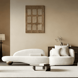 Curved Sofa with Built-in Side Table and Gold Ball Base