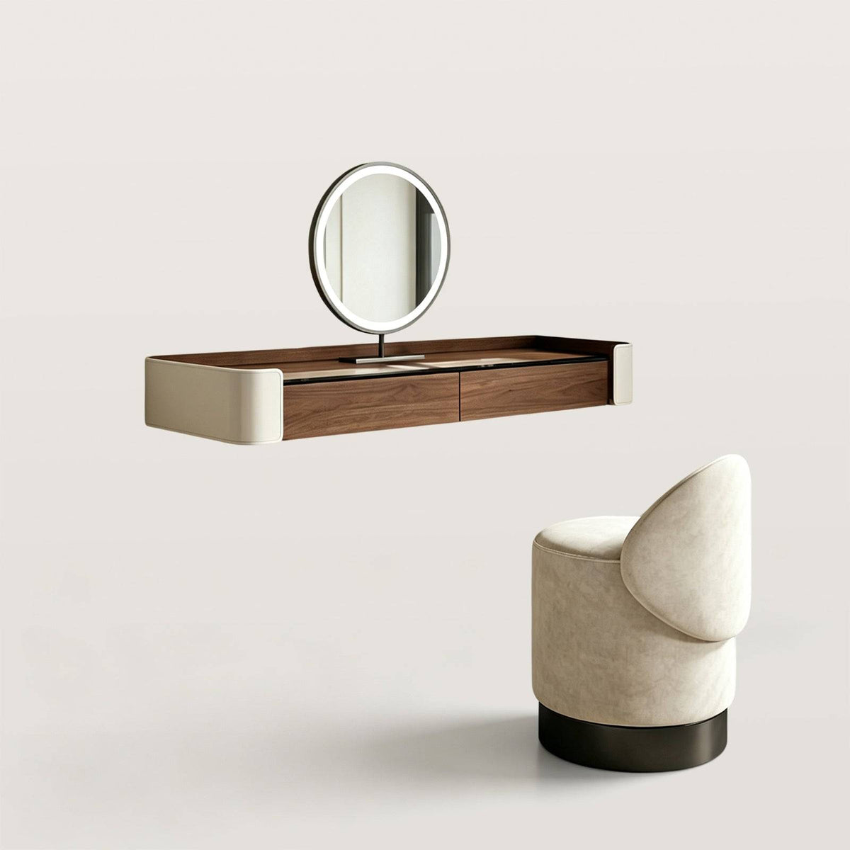 Floating Vanity Desk with LED Mirror and Stool