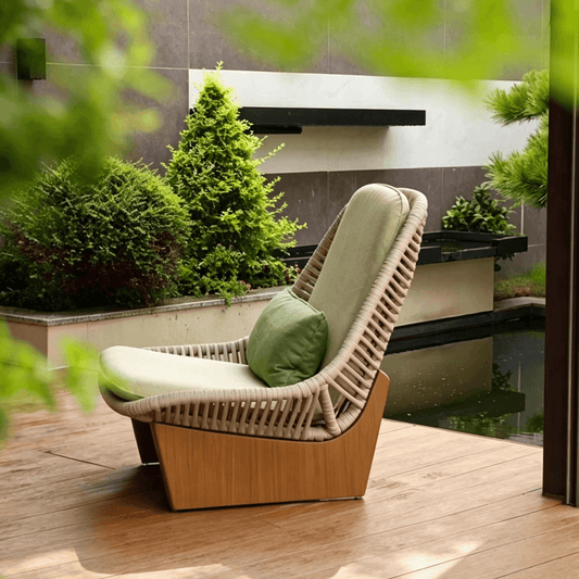 Modern Outdoor Lounge Chair with Woven Rope and Wood Base