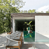 Modern Outdoor Dining Table with Metal Pedestal Base