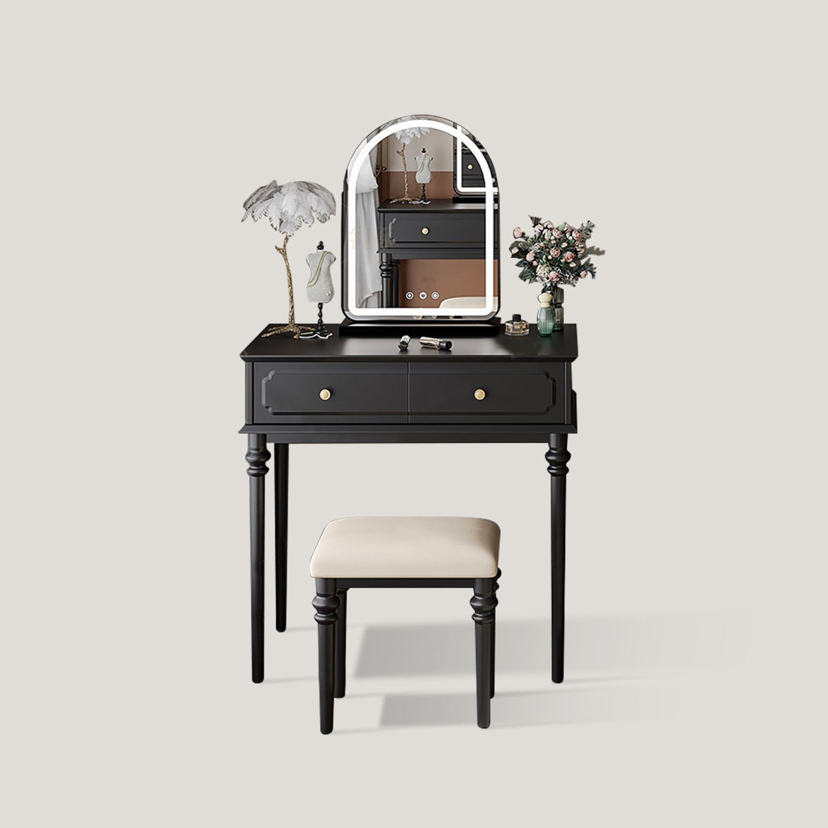 Black Vanity Set with LED Mirror and Cushioned Stool