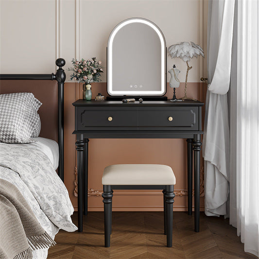 Black Vanity Set with LED Mirror and Cushioned Stool