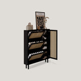 Modern Black Shoe Cabinet with Flip-Down Rattan Doors