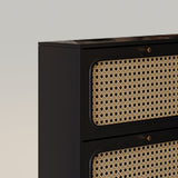 Modern Black Shoe Cabinet with Flip-Down Rattan Doors