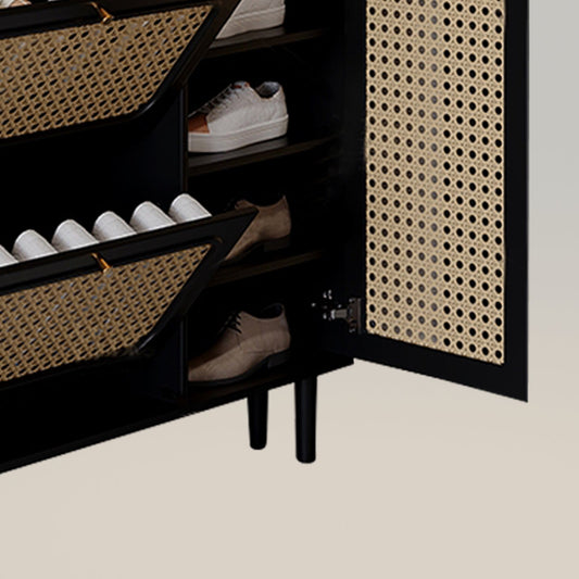 Modern Black Shoe Cabinet with Flip-Down Rattan Doors