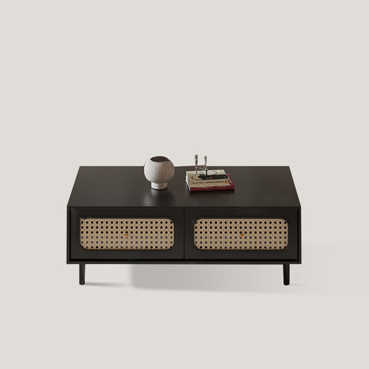 Modern Black Coffee Table with Rattan Drawers