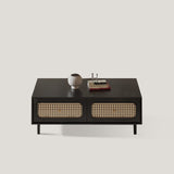 Modern Black Coffee Table with Rattan Drawers