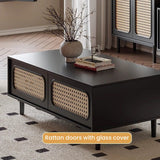 Modern Black Coffee Table with Rattan Drawers