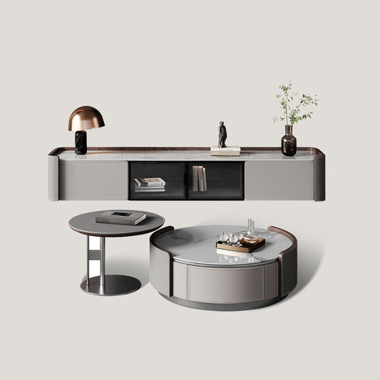 Gray Stone Modern Round Coffee Table TV Stand