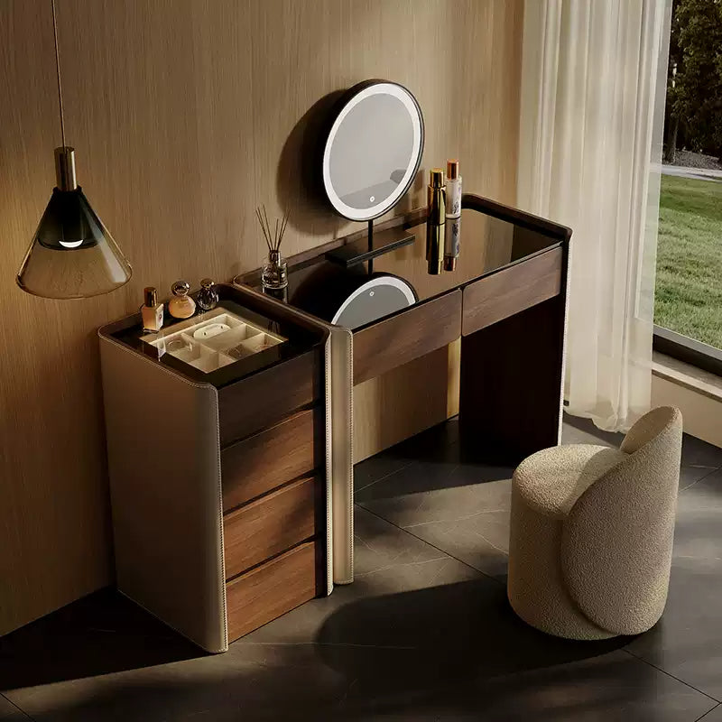 modern dressing table with storage FUFU&GAGA 39.4 in. W White LED Dimmable Mirror Dresser Dressing Table with 5-Drawers, Stool and Storage Shelves