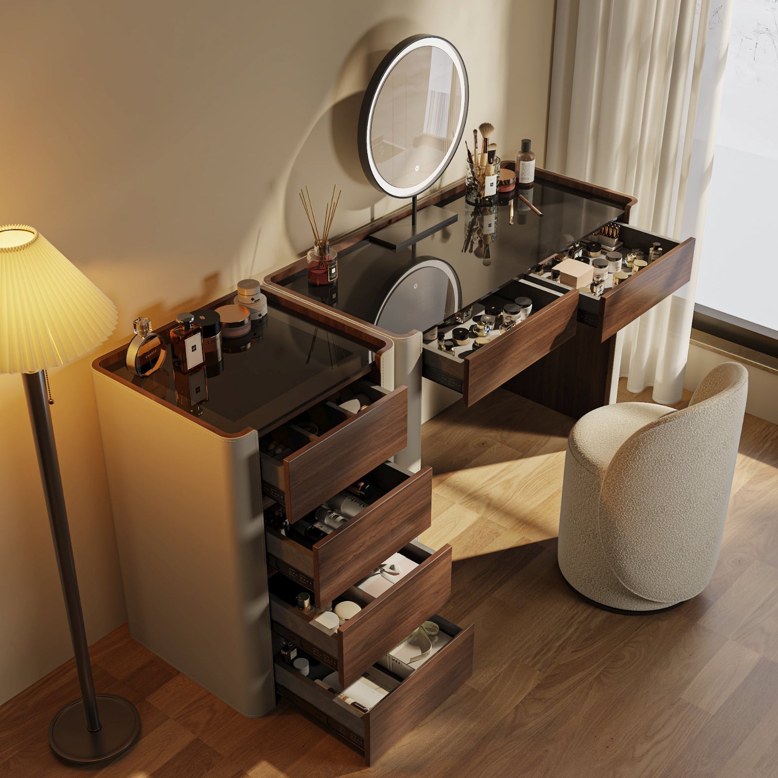 modern dressing table with storage Modern Extendable Dressing Table with 6 Drawers, 47.24"-90" Expandable Makeup Vanity Desk, Large Storage Organizer for Bedroom, Brown & Cream Vanity