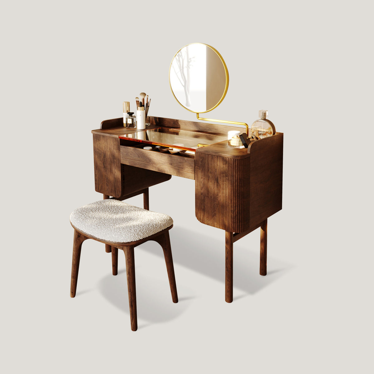 Mid-Century Modern Makeup Vanity with Rotating Mirror and Stool, Brown / 47 inch Mid-Century Modern Makeup Vanity with Rotating Mirror and Stool, Brown / 47 inch