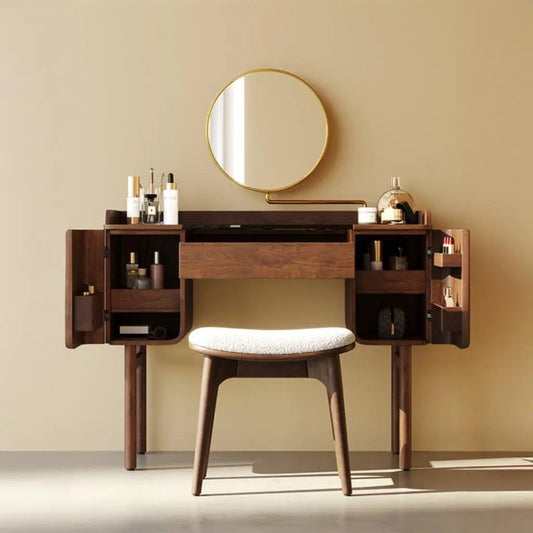 Mid-Century Modern Makeup Vanity with Rotating Mirror and Stool