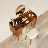 Mid-Century Modern Makeup Vanity with Rotating Mirror and Stool