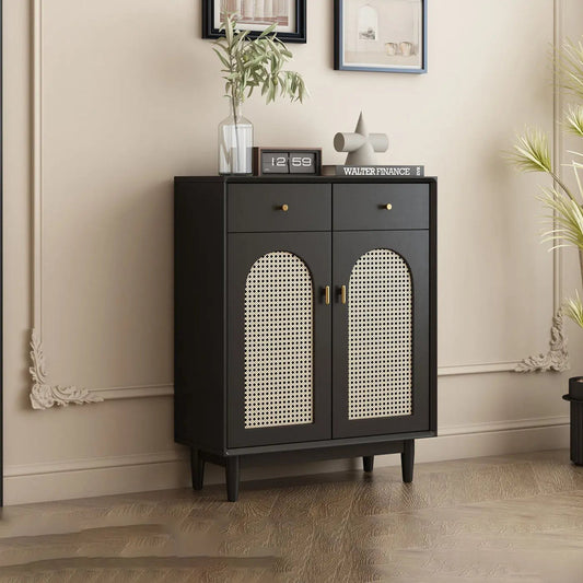 Retro Rattan Entryway Shoe Storage Cabinet