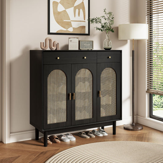 Retro Rattan Entryway Shoe Storage Cabinet
