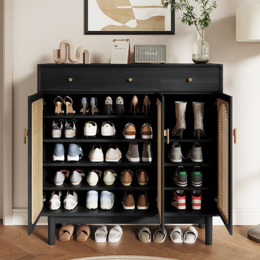 Retro Rattan Entryway Shoe Storage Cabinet
