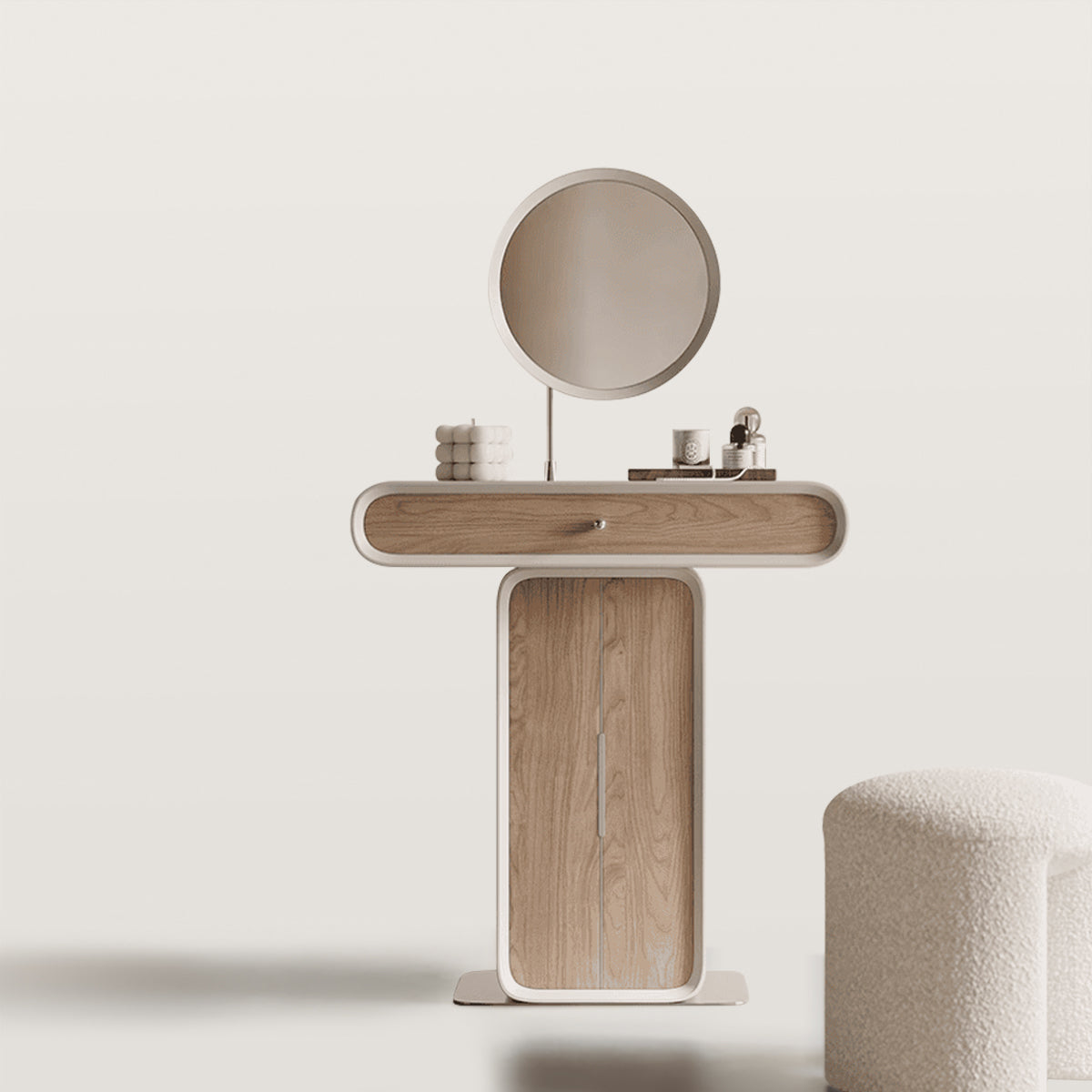 Cream Style Makeup Vanity Storage Cabinet with Round Mirror