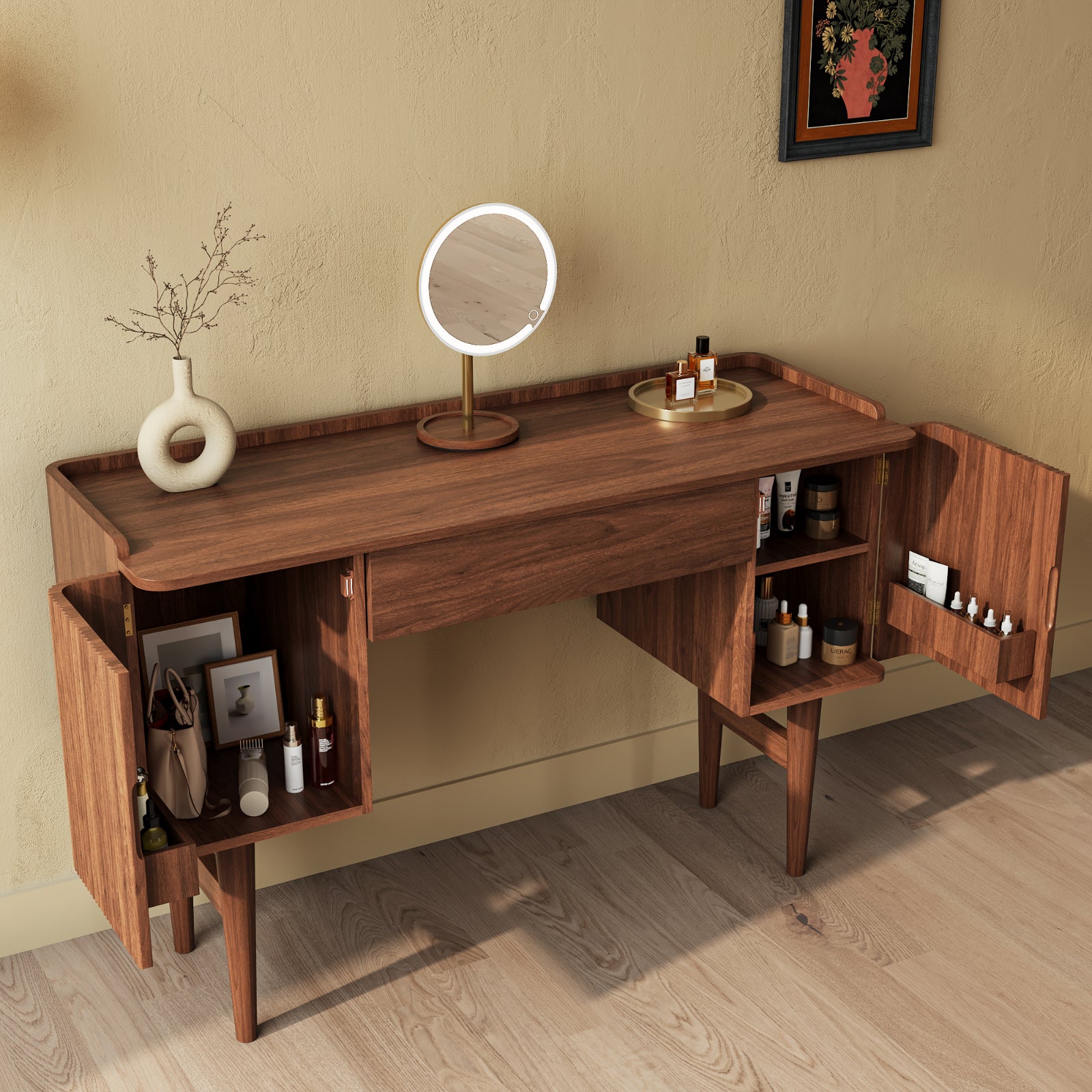 mid century modern dressing table Mid-Century Wooden Makeup Vanity Set Dressing Table, Walnut / 47.2 in