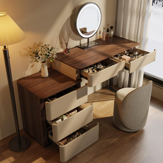 Walnut Makeup Vanity Set with Saddle Leather Finish