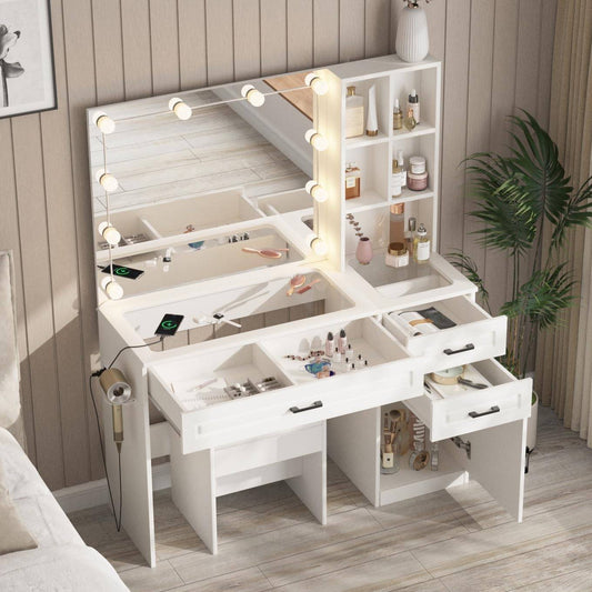 3 Drawer Makeup Vanity with Glass Top and Lights