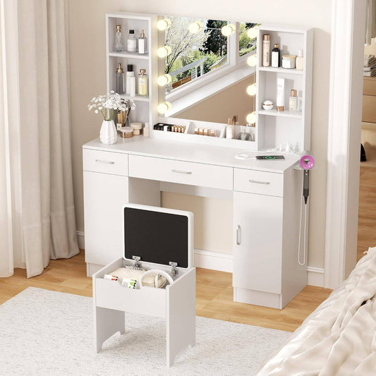 Makeup Vanity Table with Lighted Mirror and Power Strip
