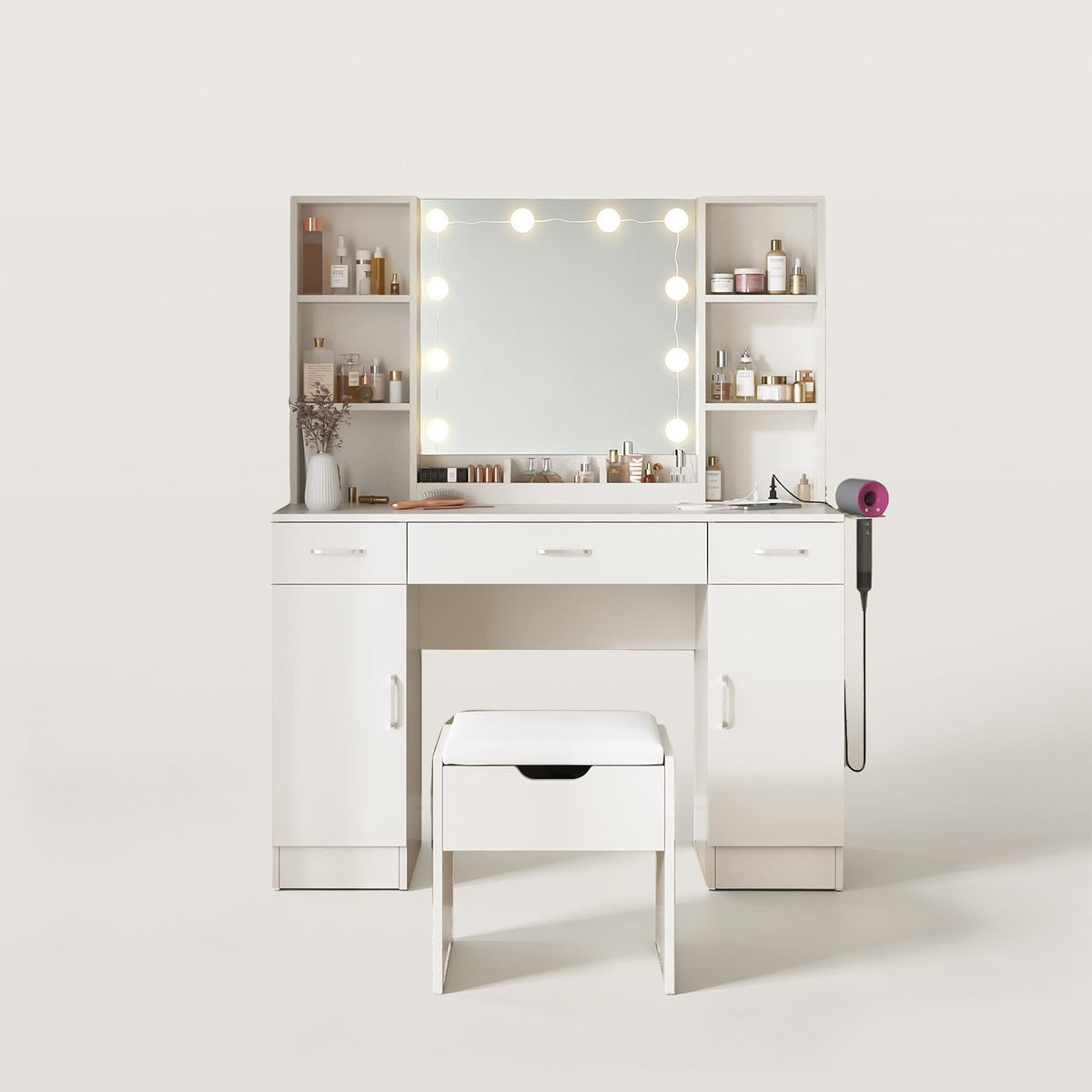 Makeup Vanity Table with Lighted Mirror and Power Strip