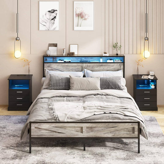 Bed Frame with Charging Station and Headboard Storage