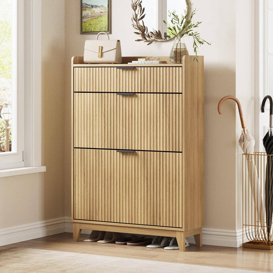 Fluted Shoe Storage Cabinet with Flip Drawers