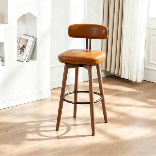 Swivel Leather Counter Chair with Wood Legs and Metal Footrest