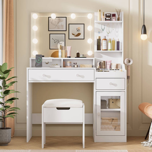 39.8in Modern White Vanity Desk with Charging Station and Storage