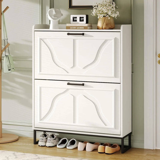 White Slim Shoe Storage Cabinet With Flip Drawers